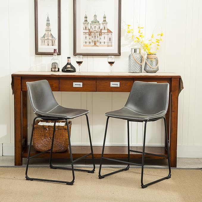 Modern Dining Chairs,Vintage PU Leather Counter Height Stools, Set of 2, Industrial Metal Frame Bar Stools for Kitchen Island,Comfortable & Durable,Everyday Use In Contemporary Settings,Gray-FauxLeath