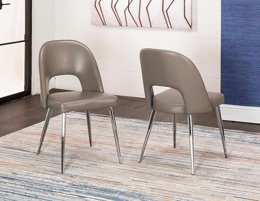 Sunset Trading Mia Faux Leather Dining Chair | Polished Chrome Silver Tapered Legs | Mushroom Taupe Gray Padded Seat w Arched Open Back | Set of 2 | Contemporary Mid-Century Modern Kitchen Sidechairs