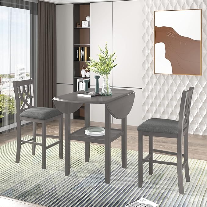 Modern Rustic 3 Piece Round Counter Height Dining Table Set with with Drop Leaf Table,Bottom Shelf and 2 Padded Chairs,Wooden Kitchen Furniture for Small Places