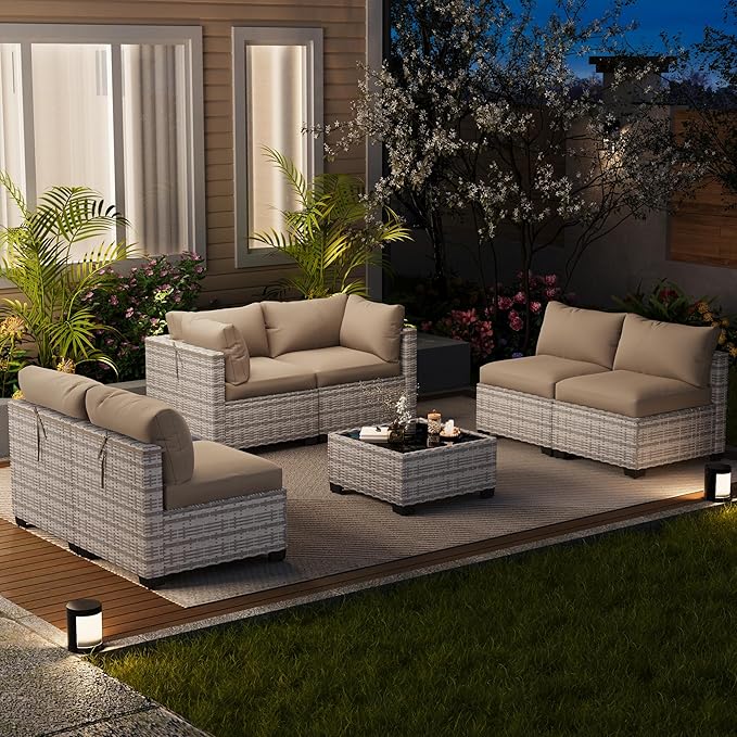 LOUVIXA 7 Piece Outdoor Patio Furniture Set, Outdoor Sectional Sofa, Wicker Rattan Patio Furniture, Patio Conversation Set with Coffee Table & Cushions