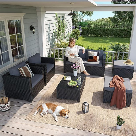 Aoxun 7 Piece Outdoor Patio Furniture Set 6 Seats, Outdoor Sectional with Thick Waterproof Cushions, Patio Conversation Sets for Garden,Backyard, Porch, Balcony, Deck, Black & Gray