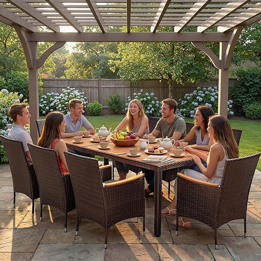 Devoko Outdoor Patio Dining Sets 9 Pieces Wicker Outdoor Dining Table and Chairs Set with Acacia Wood Table Top and Widened Armrests for Backyard, Garden, Deck (Brown)