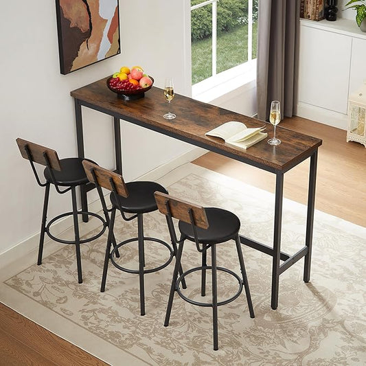 KEIKI Long Bar Table Set with 3 PU Upholstered Bar Stools, Industrial Counter Height Dining Table and Chair Sets for Kitchen, Living Room, Small Space, Brown
