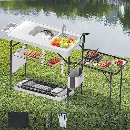 Dragosum Fish Cleaning Table, Portable Folding Camping Table with Folding Grill Extension Board, Fish Cleaning Station with Dual Sinks, Hose Hook Up