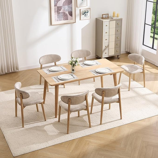 Upholstered Dining Chairs Set of 6, Velvet Fabric Kitchen & Dining Room Chairs with Solid Wood Legs, Modern Armless Side Chairs for Kitchen Island, Living Room, Restaurant (Beige, Set of 6)