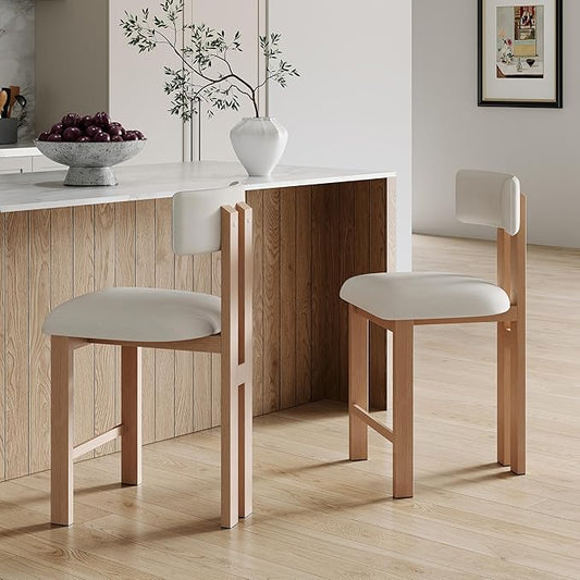 Set of 2 Modern Round Bar Stools with Low Back, 26.5" Height Upholstered Fabric Seats and Natural Iron Frame for Kitchen Island, Dining Counter, Home Bar,Natural+White