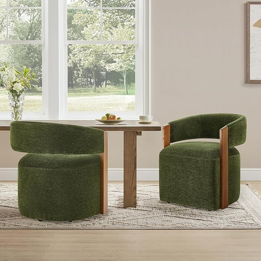 KISLOT Upholstered Dining Chairs with Casters, Modern Barrel Side Armchair with Rollers & Wooden Armrest for Dining Room, Bedroom, Kitchen, Reading Room, Green, Set of 2