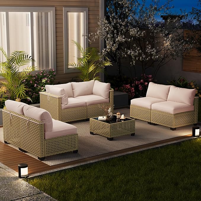 LOUVIXA 7 Piece Outdoor Patio Furniture Set, Outdoor Sectional Sofa, Wicker Rattan Patio Furniture, Patio Conversation Set with Coffee Table & Cushions