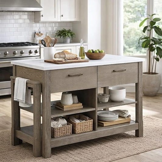 Benjara 50 Inch Wood Kitchen Island, Faux Marble Top, Pull Out Table, Gray