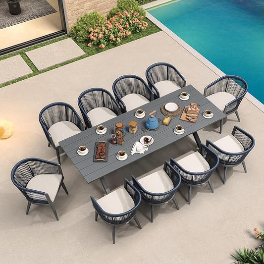 PURPLE LEAF Outdoor Dining Set with Waterproof Furniture Cover 11-Piece All-Weather Patio Set for 10 with Gray Aluminum Table Rope Weave Chairs and Cushions, Gray