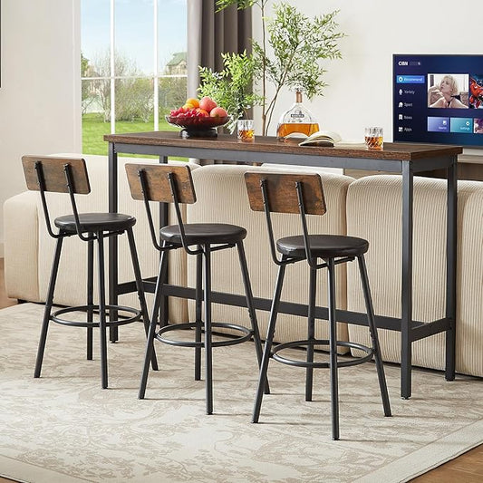 GNIXUU 4 Piece Long Bar Table and Chairs Set, Industrial Counter Height Dining Table Set with Sofa Bar Table and 3 Upholstered Stools with backrest for Breakfast Nook Living Room Small Space(Brown)