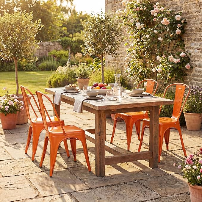 Shahoo Metal Dining Chairs Classic Iron Stackable Industrial Vintage Trattoria with Back, Indoor-Outdoor Side Settee for Home Bistro Cafe Kitchen Restaurant Set of 4, Orange