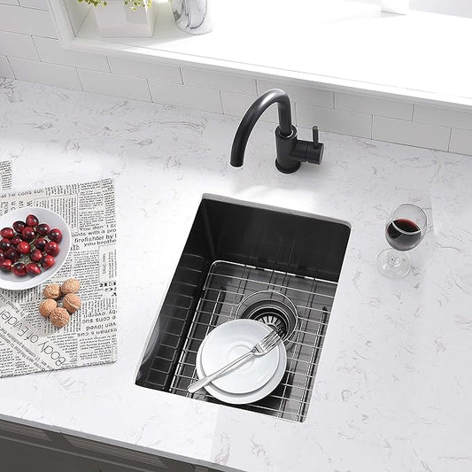 12 Inch Undermount Black Bar Sink -Wesliv 12x16 Small Kitchen Sink Under Mount Outdoor Rv Sink 16 Gauge Stainless Steel Wet Bar Sinks with Bottom Grid&Drain
