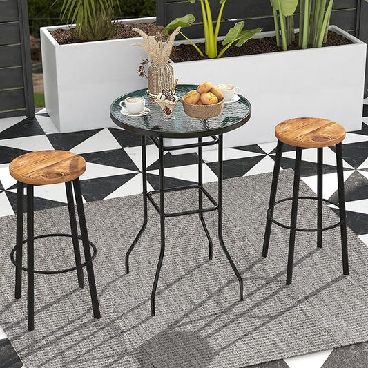 Giantex Patio Bar Table, 38" Height High Top Bistro Table, 27" Round Tempered Glass Tabletop, Heavy-Duty Metal Frame, Outdoor Table for Bistro Porch Garden Balcony