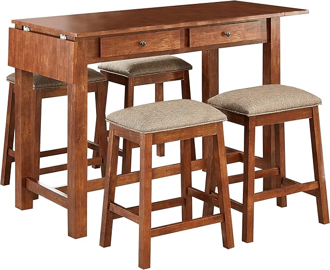 GTU Furniture 5-Piece Elegant Wood Veneer Counter High Top Kitchen Dining/Bar Extendable Brown Table with Barstools(1xTable+4xBarstool)