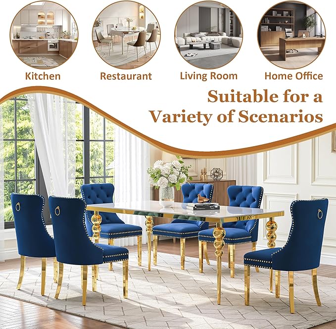 7 Piece Glass Dining Table Set, Modern 70 Inch Gold Rectangular Glass Kitchen Table, 6 Blue Exquisite Velvet Cushion Chairs for Living Room, Restaurant (White-Top)