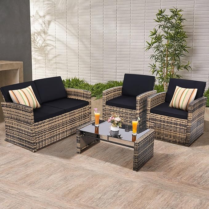 KROFEM 4-Piece Patio Furniture Set, Wicker Outdoor Rattan Sectional Sofa with Cushions and Glass Table, All-Weather Outdoor Conversation Set, Ideal for Garden, Porch, Backyard, Black