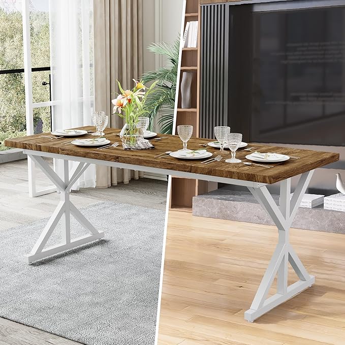 Farmhouse Dining Table for 6-8 People, 70.8 Inch Rectangular Wood Dining Table, Rustic Kitchen Table with Extra Heavy Duty Metal Legs for Dining Room - Rustic Oak/White