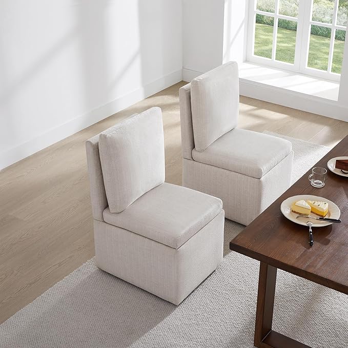KISLOT Upholstered Dining Chairs with Casters, Modern Dining Room Chairs Set of 2 with Hidden Storage & 4 Wheels, Single Sofa Chair for Kitchen, Reading Room, Waiting Room, Linen