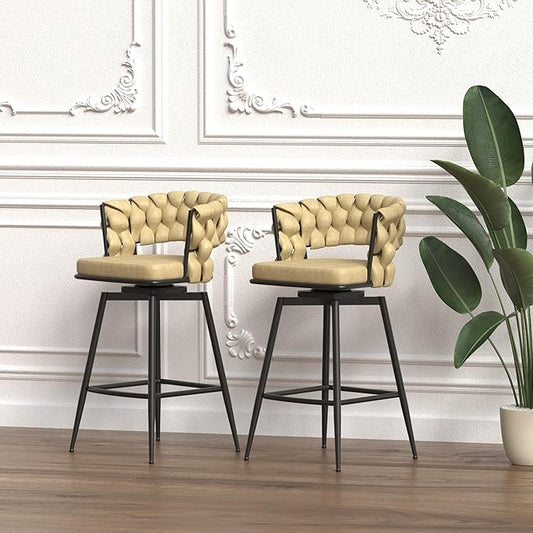 28" Technical Leather Woven Bar Stool Set of 2,Black Legs Bar stools No Adjustable Kitchen Island Chairs,360 Swivel Bar Stools Upholstered Counter Stool Arm Chairs with Back Footrest (Light Brown)