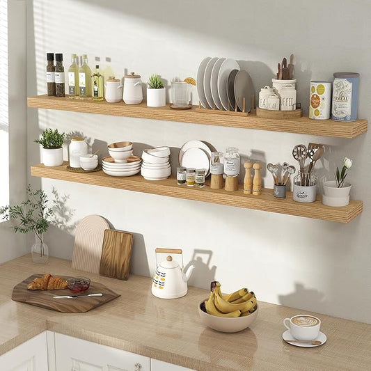 Acovy 55 Inch Floating Shelves for Wall 2 Pack, 55" Wall Shelves for Books, Storage, Decor, Wall Mounted Floating Shelf with Invisible Brackets for Kitchen, Living Room, Light Brown