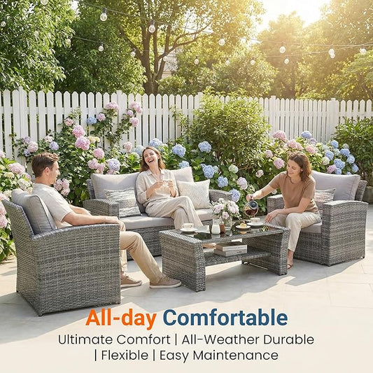 Wisteria Lane Patio Furniture Set, 5 Pieces Wicker Outdoor Furniture for All Weather, Patio Sofa with High Backrest Support and Wide Armrest for Backyard, Balcony, Deck, Porch, Light Gray