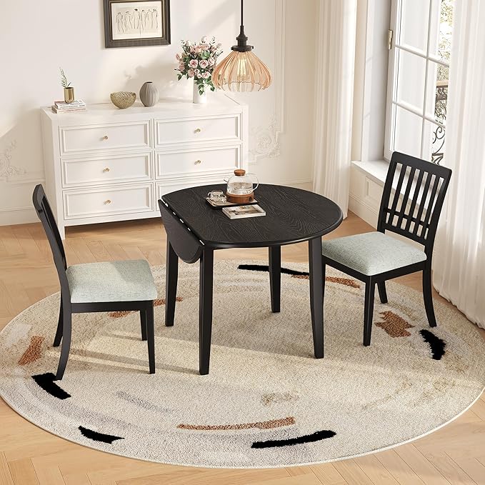 Merax 3-Piece Drop Leaf Round Dining Table Set for 2, Farmhouse Kitchen Table Set with Extendable Round Table and 2 Upholstered Chairs. Wood Table and Chairs Set for Dining Room, Living Room, Black