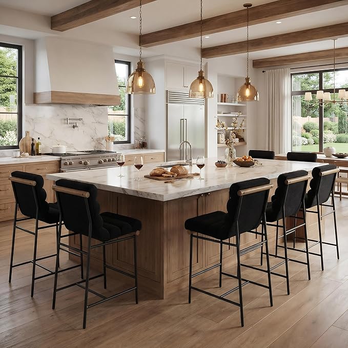 Black Linen Bar stools Set of 4, 25” Modern Upholstered Counter stools with Black Metal Legs, Armless Counter Height Chairs with Channel Tufted Back for Kitchen Island Home Pub