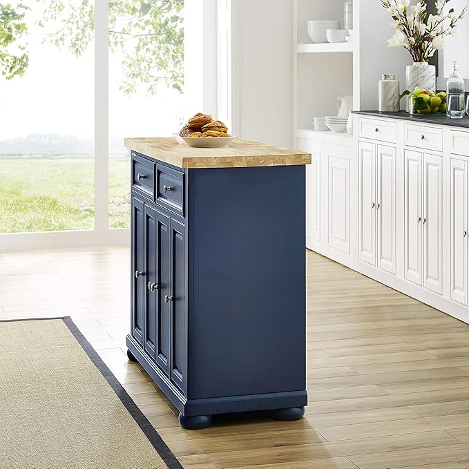 Crosley Furniture Madison Madison Kitchen Island, Microwave Stand, Coffee Bar, with Storage Shelves and Drawers, Navy