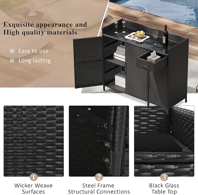 47.5 Inch Outdoor Storage Cabinet Wicker Buffet Table Patio Sideboard Tempered Glass Top Adjustable Shelves 3 Door Rattan Kitchen Island Drawer Dining Serving Console Metal Frame Black Brown