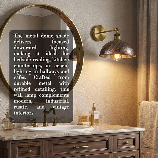 Dome Metal Wall Sconce, 180° Adjustable Industrial Wall Lamp for Bedside, Study, Kitchen, and Living Room Décor. (Brushed Copper.)