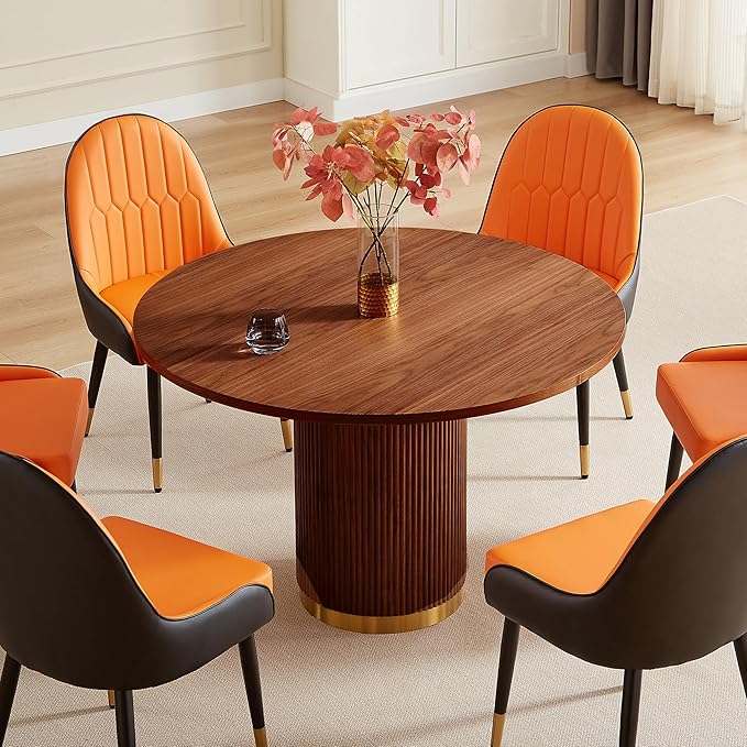 Farmhouse Round Dining Table for 6, 46.46" Luxury One-Piece Solid Wood Dining Table with Gold Stainless Steel Roman Column Pedestal Base, Mid-Century Modern Round Kitchen Table, Walnut