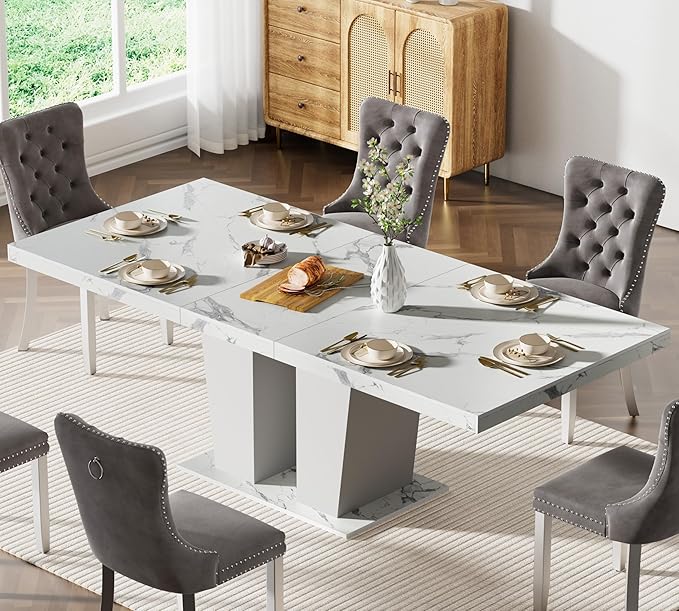 78.74" Extendable Dining Table for 6 8 10 Person, Modern White Faux Marble Expandable Kitchen Table with Dual Column Pedestal, Large Rectangle Wooden Expanding Table for Kitchen Dining Conference Room