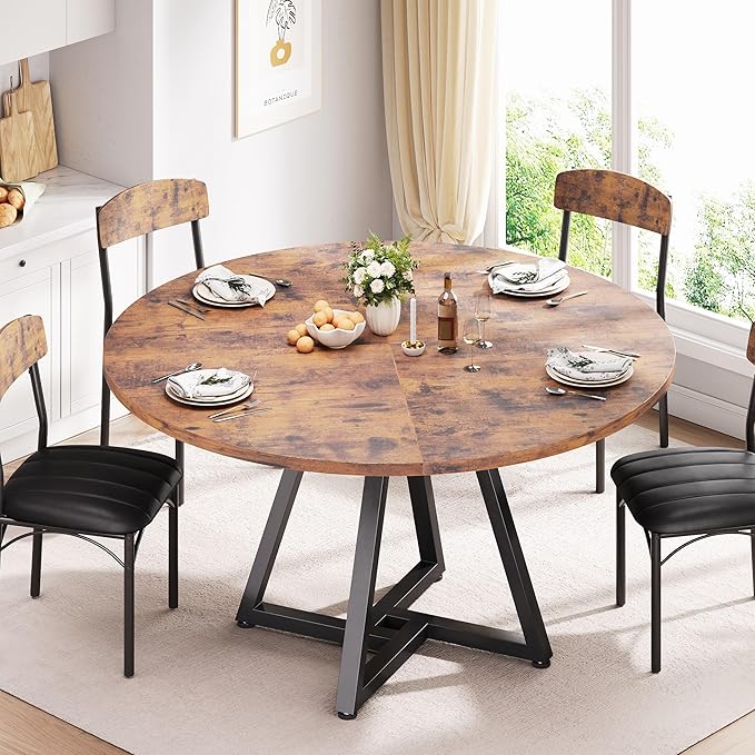 Jocoevol 51“ Round Kitchen Dining Room Table for 6-8, Circle Dining Dinner Table with Pedestal Metal Frame, Space Saving Wood Industrial Furniture for Small Space (Rustic Brown, 51In)