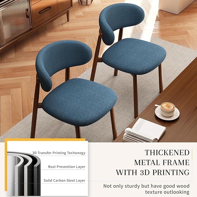 Kitchen Dining Chairs Set of 6 Modern Soft Linen Farmhouse Dining Room Chair, Blue/Walnut