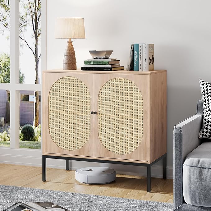 Brafab Set of 2 Rattan Cabinet with Storage, Accent Sideboard Credenza Console Buffet Table, for Living Room, Entryway, Dining Room/Oval Doors/Natural
