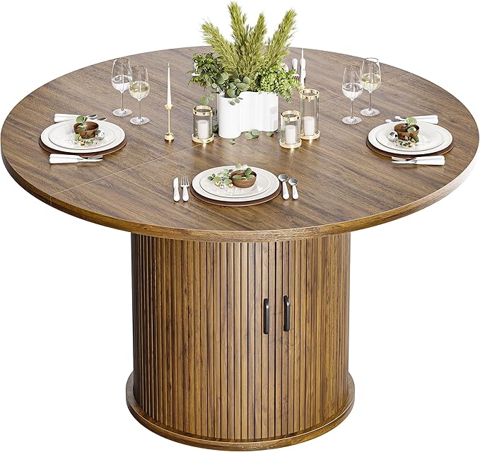 47 Inch Round Dining Table for 4-6 Round Table Kitchen Modern Round Dining Room Table with 2-Layer Storage Shelf and Wood Slide Door Circle Kitchen Tables for Dining Room Walnut