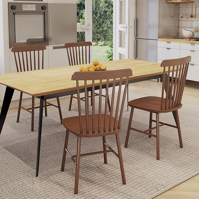 Windsor Dining Chairs Set of 4, Farmhouse Solid Wood Kitchen Chair with Spindle Back, Modern Side Dining Chairs Set for Dining Room, Kitchen, Restaurant, Brown