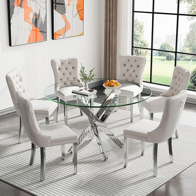 Henf 47.24" Glass Round Dining Table for 4-6 People, Silver Metal Legs,Round Glass Dining Room Table for Small Space, Easy Assembly Circular Side Desk