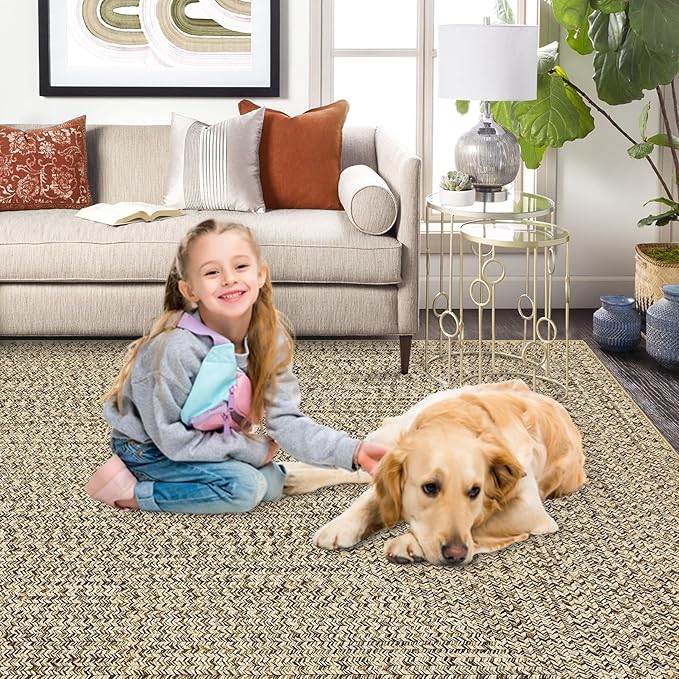Printed Washable Area Rug 9 x 12 Rug for Living Room Modern Rugs for Bedroom Imitation Braided Large Area Rug Non Slip Throw Rugs Stain Resistant Carpet for Nursery Dining Room 9'x12' Natural