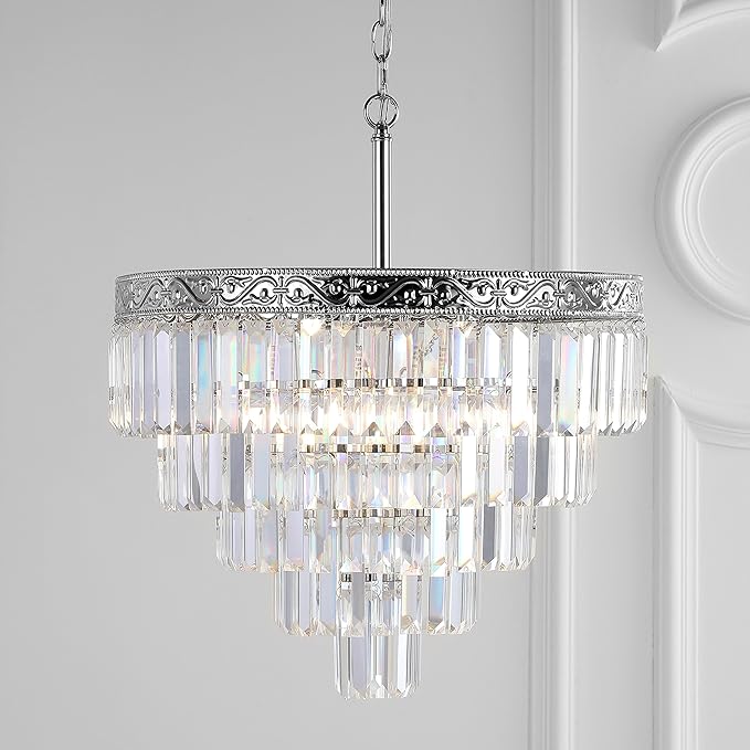 JONATHAN Y 20" Polished Nickel/Clear 4-Light LED Chandelier, Modern Tiered Pendant Light Fixture for Dining Room, Bedroom, Entryway with Clear Faceted Crystal Shade (JYL9007A)