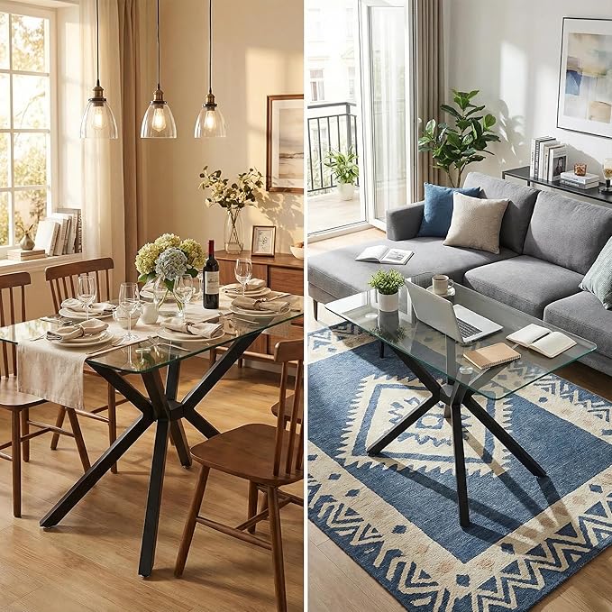47.24" Rectangular Glass Dining Table, Tempered Glass Small Kitchen Table with Metal Tubular Legs, Stylish and Sturdy Clear Dinner Table for Home and Outdoor