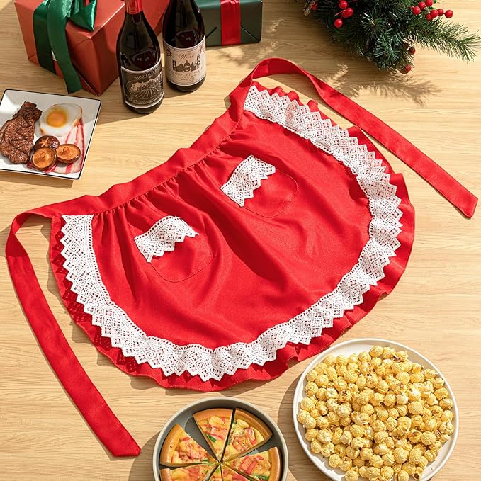 Geyoga Valentine Red Waist Aprons for Women with Pockets Kitchen Waitress Maid Apron Vintage Skirt Cute Ruffle Dress Costume