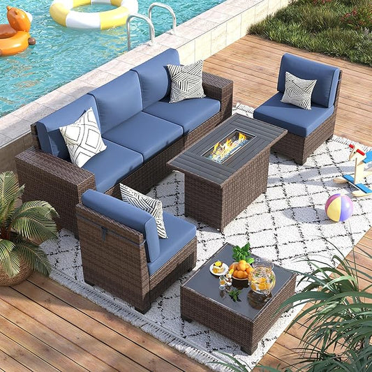 7 Piece Patio Furniture Set with Fire Pit Table, Outdoor Conversation Sets Wicker Rattan Sectional Sofa with Coffee Table for Patio Garden Backyard, 4'' Thickened Cushion Navy Blue