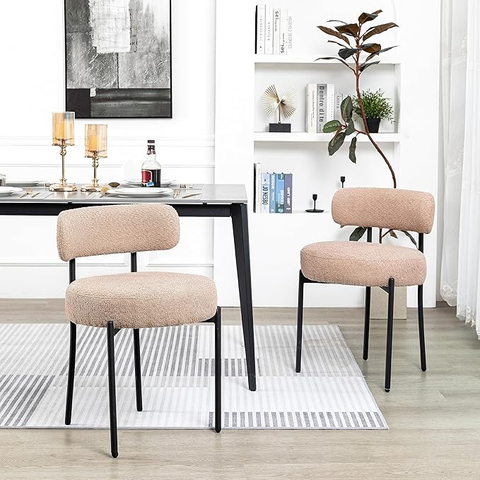 DYHOME Boucle Dining Chairs Set of 4, Upholstered Kitchen Dining Room Chairs, Side Chairs with Thick Cushions and Metal Legs for Kitchen Living Room, Camel Color
