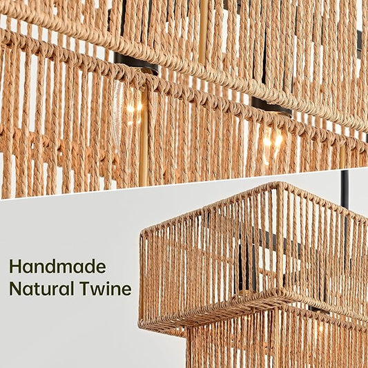 40" Rattan Chandelier for Dining Room, 8-Light Boho Rectangular Chandelier 2 Layer Linear Chandelier Large Farmhouse Kitchen Island Lighting for Rectangle Table