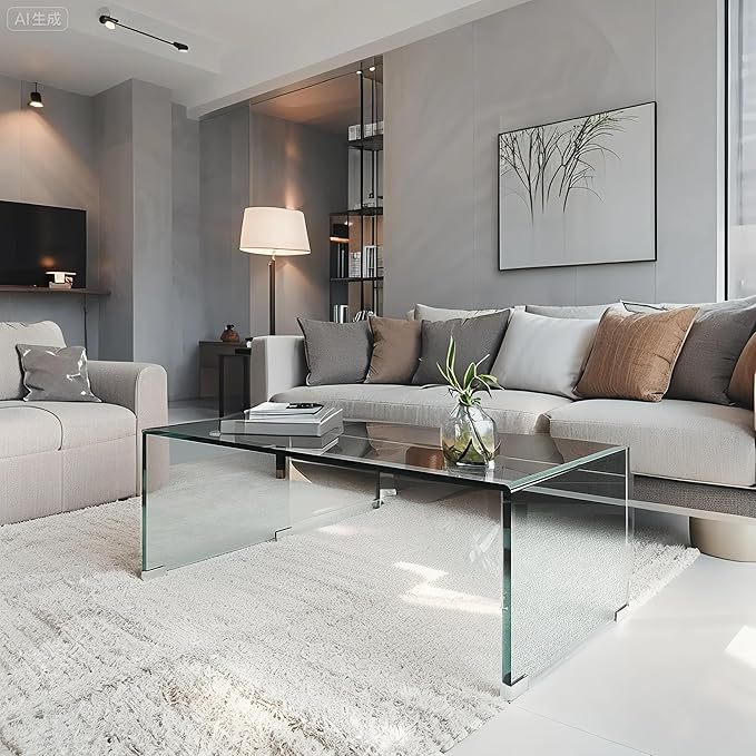 Modern 39.4" Tempered Glass Coffee Table, 12mm Ultra-Thick Waterfall Clear Center Table for Living Room, Minimalist Rectangle Coffee Table for Small Spaces, No Assembly Required
