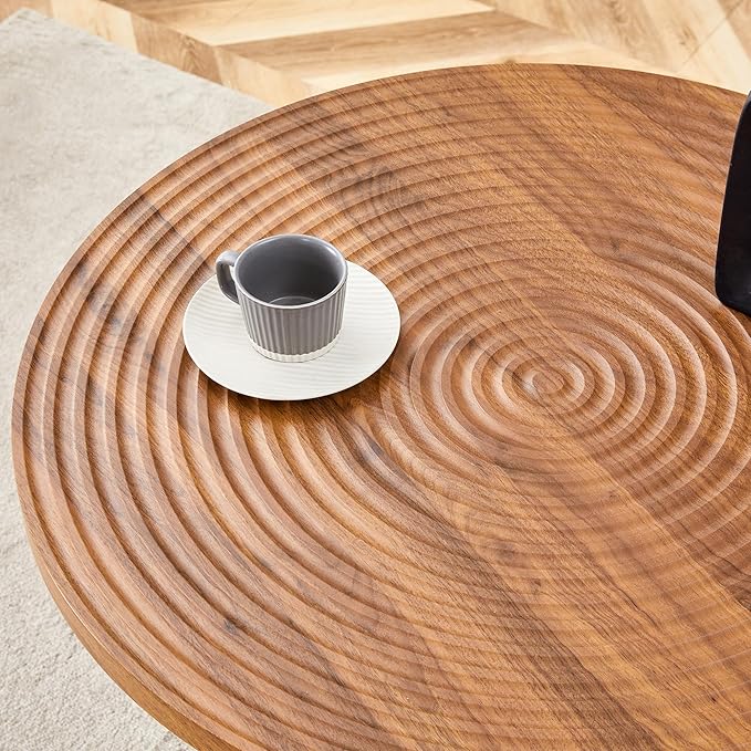 Round Dining Table Set with 2 Brown Technology-Fabric Chairs, 31.5 Inch Dark Wood Grain Table with Suction Molding Annular Texture and Gold Leg Decoration, for Kitchen and Dining Room