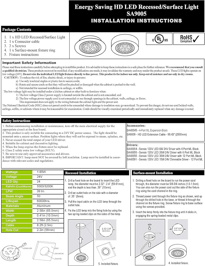 Transolid SA9005HDALWW Sensio HD LED 24V 1.65W Aluminum Recess-Surface Puck Light, Warm White