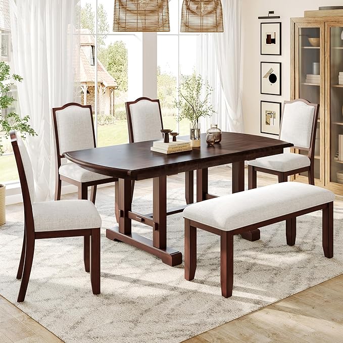 Ball & Cast Farmhouse Dining-Chairs Set of 4, High Back Wood Frame Dining Room Chair with Padded Seat, Modern Upholstered Kitchen Island Seating, 4 Pack Mid-Century Chairs, Cherry&Beige